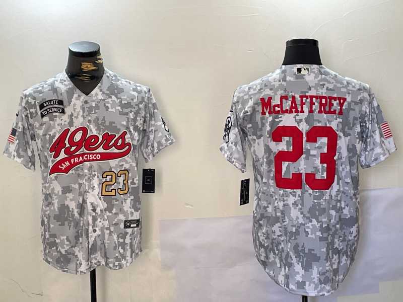 Men%27s San Francisco 49ers #23 Christian McCaffrey Arctic Camo 2024 Salute to Service Stitched Baseball Jerseys